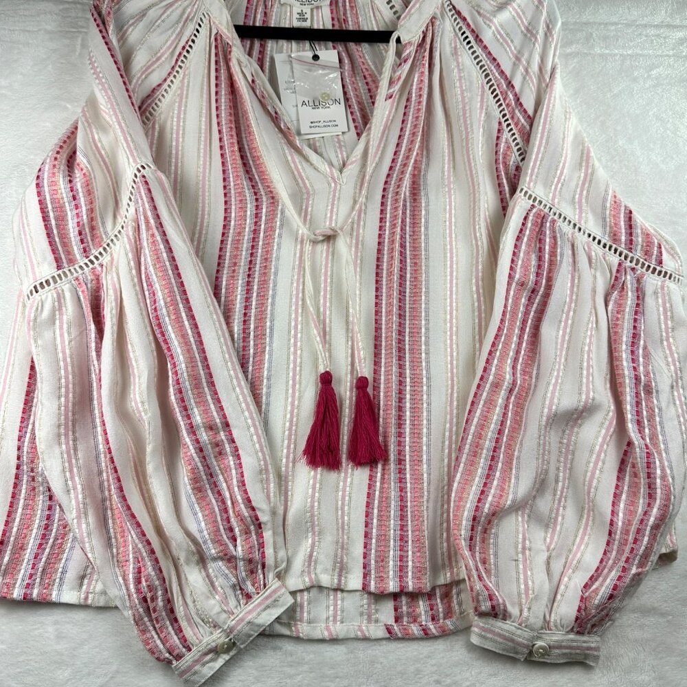 Allison New York Womens Striped Long Bell Sleeve Boho Top Tassels Crochet Artzy - Picture 7 of 16